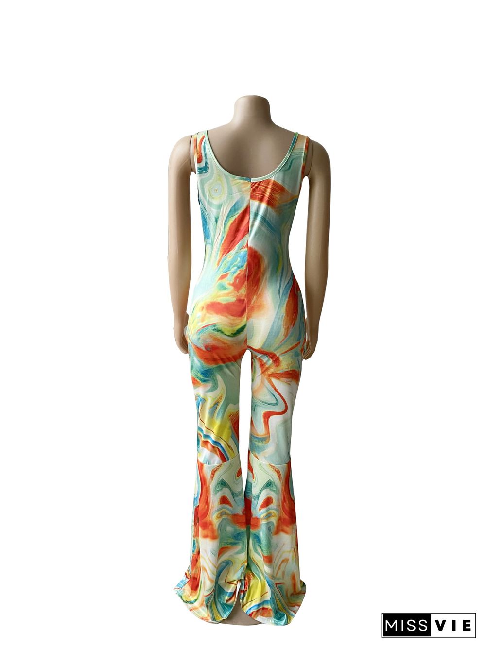 Summer Womens Clothing Casual Tie Dye Print Sleeveless Low Neck Backless Streetwear Bodycon Flare Jumpsuit