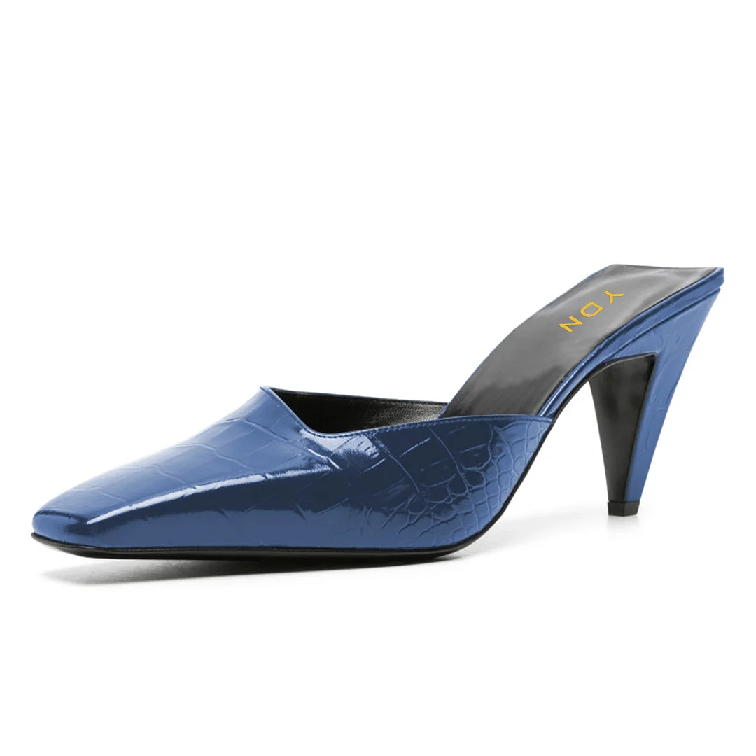 Chic Crocodile Embossed Square Toe Cone Heeled Mules in Blue