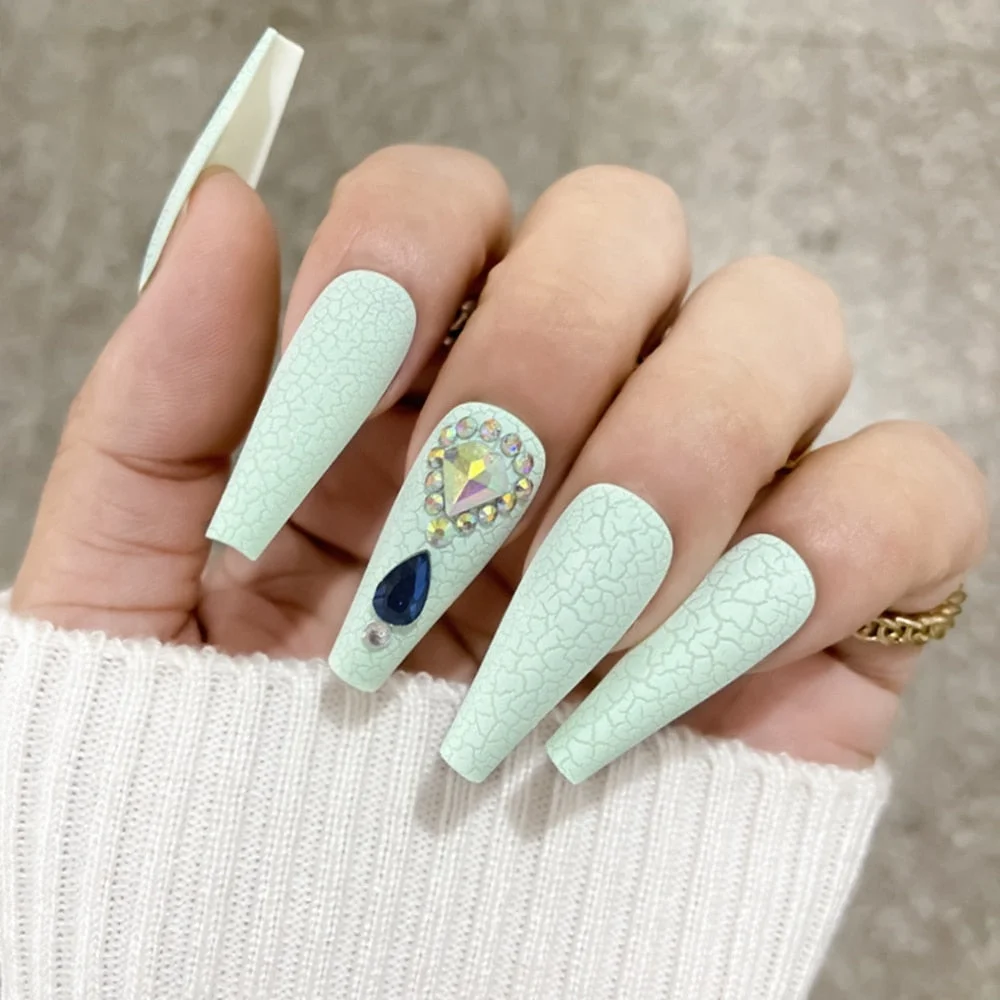 Long Coffin Glitter Fake Nails Detachable Rhinestone Decal Ballerina Faux Nail Art with Glue Rhinestones False Nails Full Tips-Nail Inspo