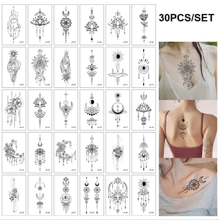 30pcs Black Geometric Figure Fake Tattoo Stickers for Men Women Wrist Arm Body Art Waterproof Flower Temporary Tattos Sexy Tatoo