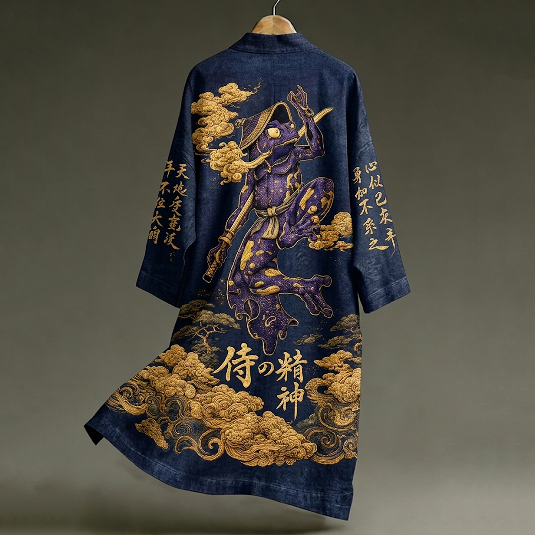 Men's Vintage Japanese Frog Art Pattern Linen Blend Long Kimono elevenforest