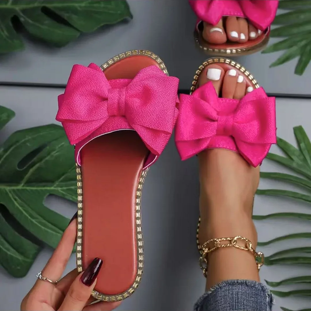 Breakj Breakj Flat Bottom Water Drill Bow Bow Slippers Women Wear Pure Light Cloth Cold Slippers