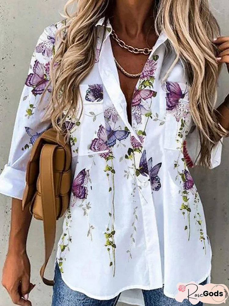 Shirt Collar Casual 3/4 Sleeve Floral Shirts & Tops