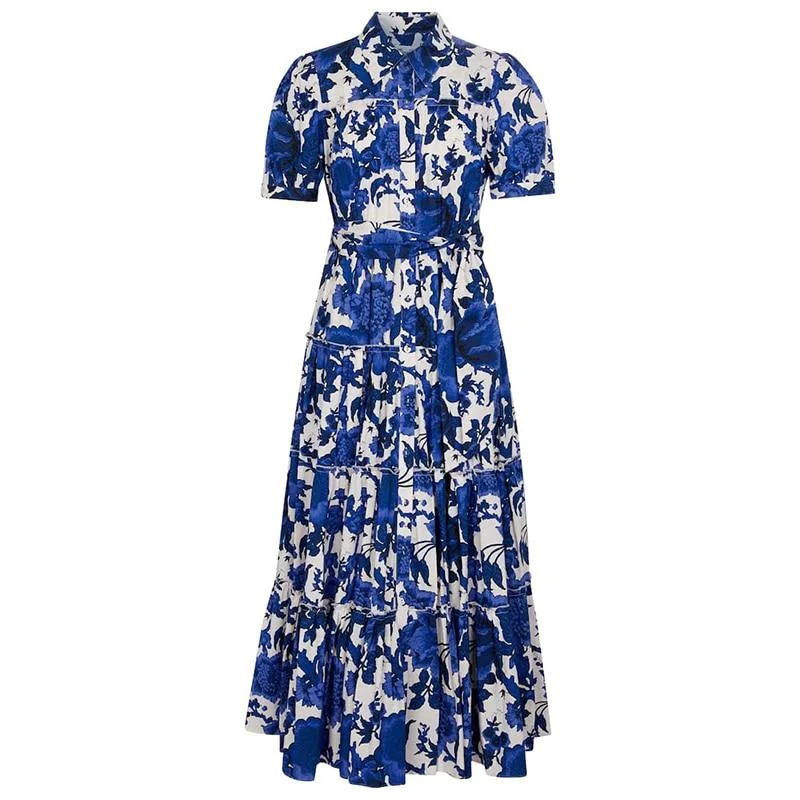 ABEBEY Vintage Blue Floral Print Dress For Women Lapel Short Sleeve High Waist Sashes Slim Midi Dresses Female 2023 Summer