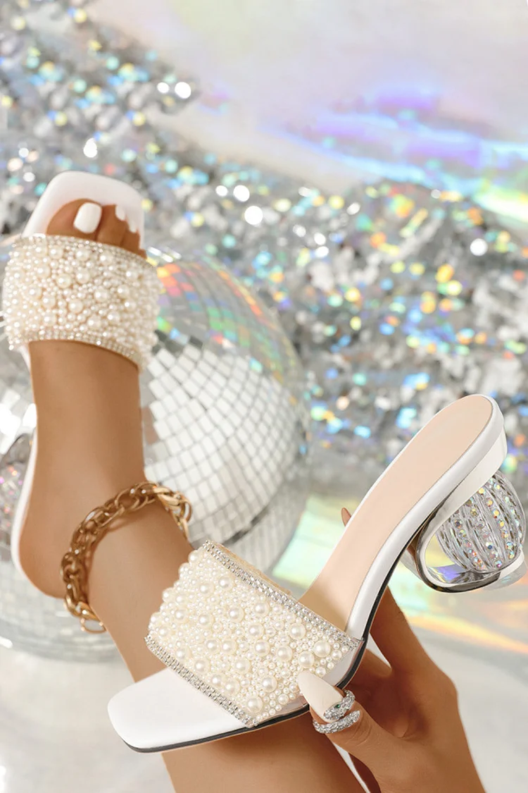 Casual White Rhinestone Pearl Decor Square Toe High Heels Sandals 2024 - Xpluswear