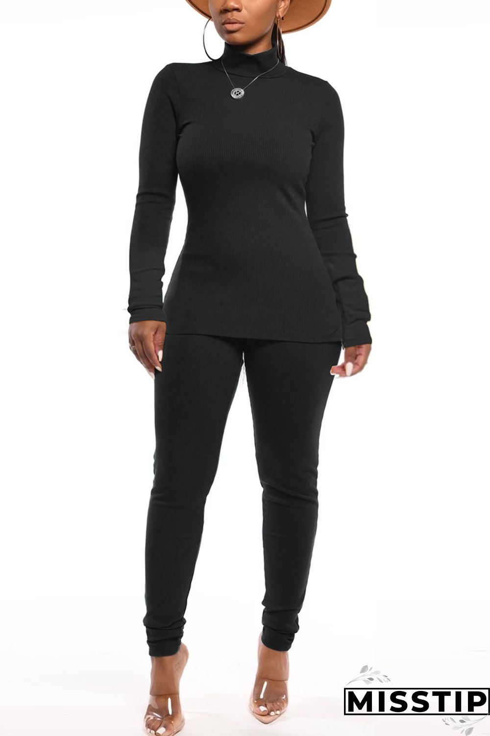 Orange Autumn And Winter Casual High Collar Solid Color Two-Piece Suit