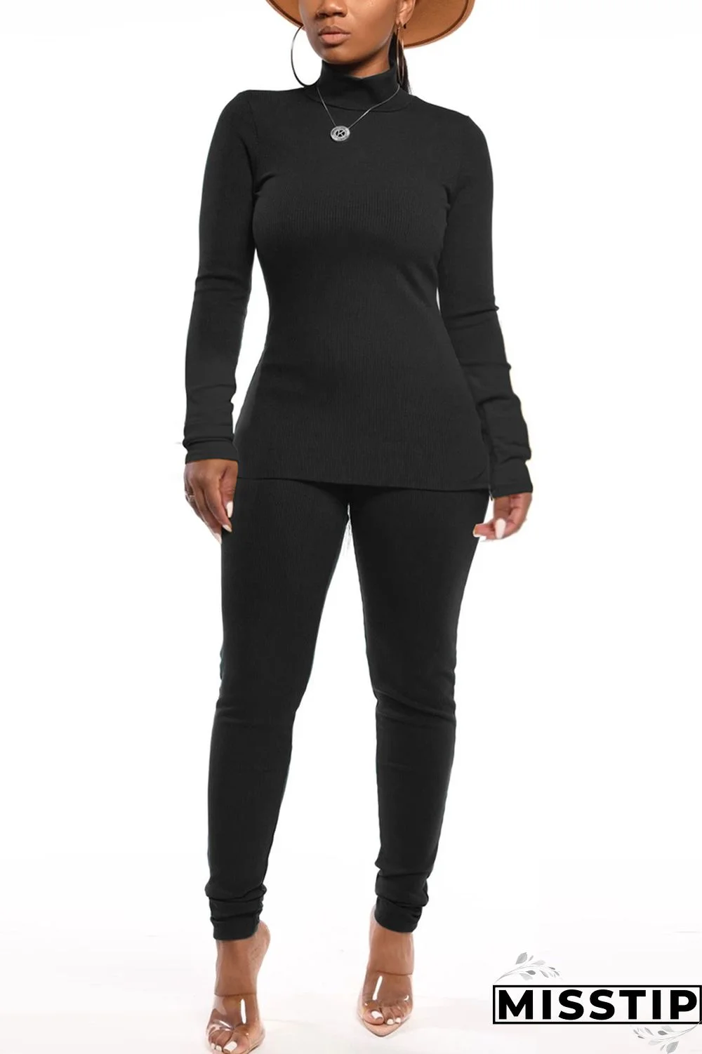 Orange Autumn And Winter Casual High Collar Solid Color Two-Piece Suit