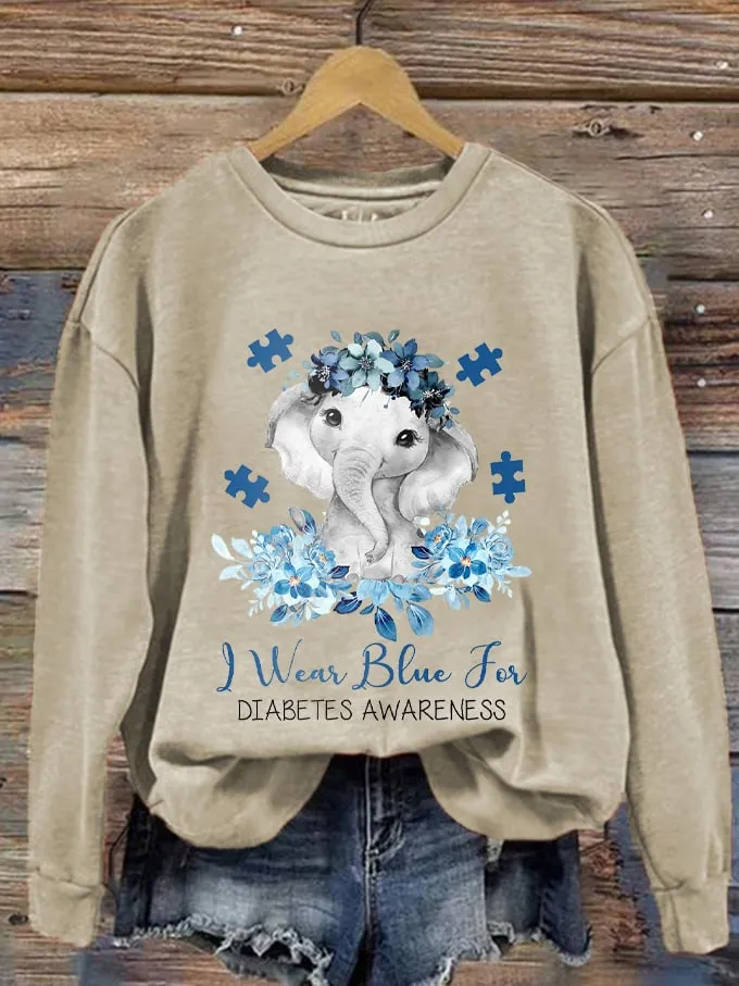 Women's I Wear Blue For Diabetes Awareness Elephant Flower Tree Print Sweatshirt