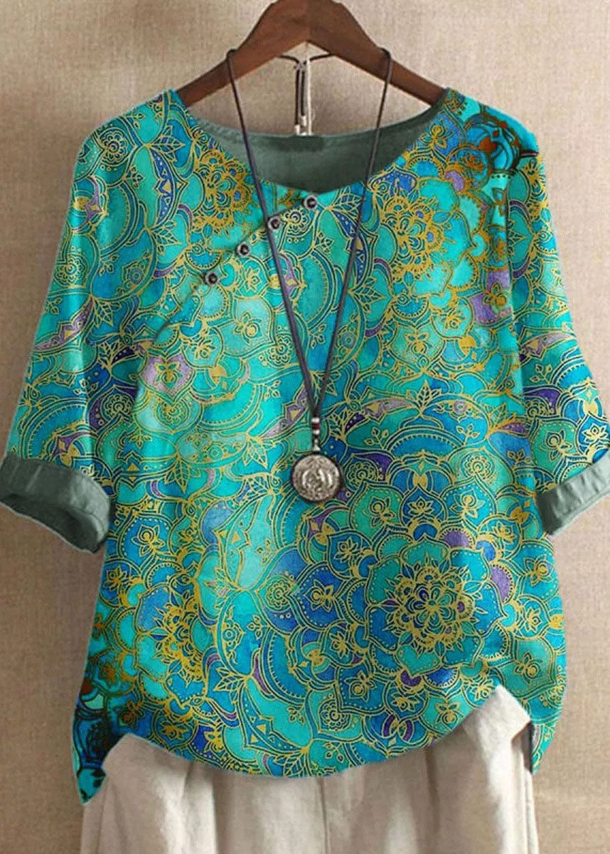 VCSHOES Green O Neck Print Patchwork Cotton T Shirts Tops Summer