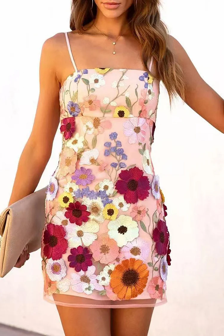 Boat Neck Mesh 3D Floral Embroidery Backless Vacation Slip Mini Dress