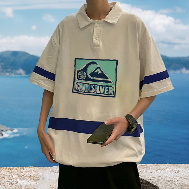 Surf Print Polo Neck Retro Relaxed T-Shirt 8a90