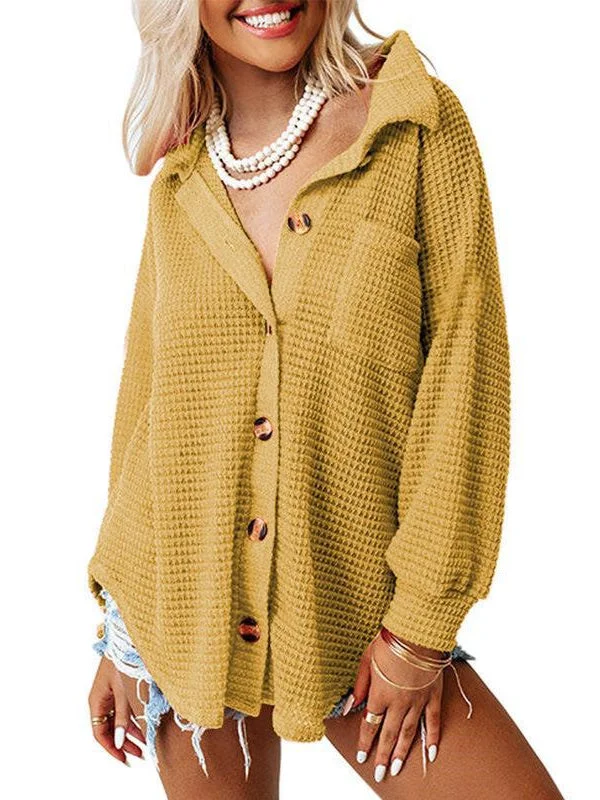 Women plus size clothing Women Long Sleeve Shirt Collar Soild Pockets Button Knit Cardigan Tops-Nordswear
