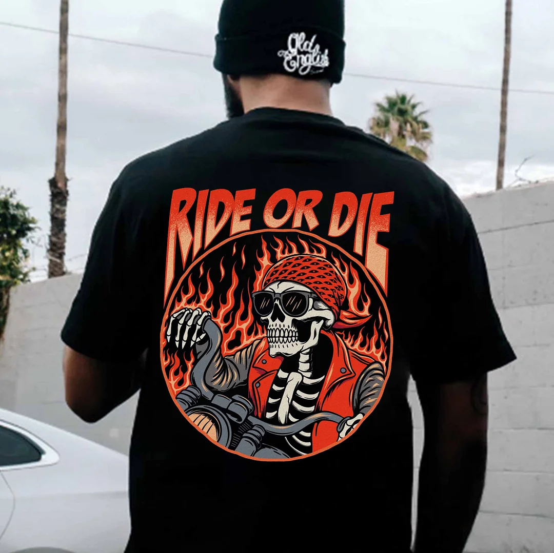RIDE OR DIE Skeleton Motorcyclist Print Men's T-shirt