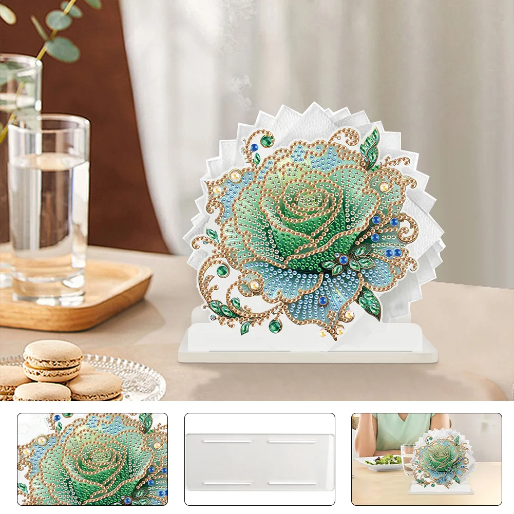 5D DIY Rose Diamond Art Acrylic Paper Towel Storage Rack Decor for Home Decor