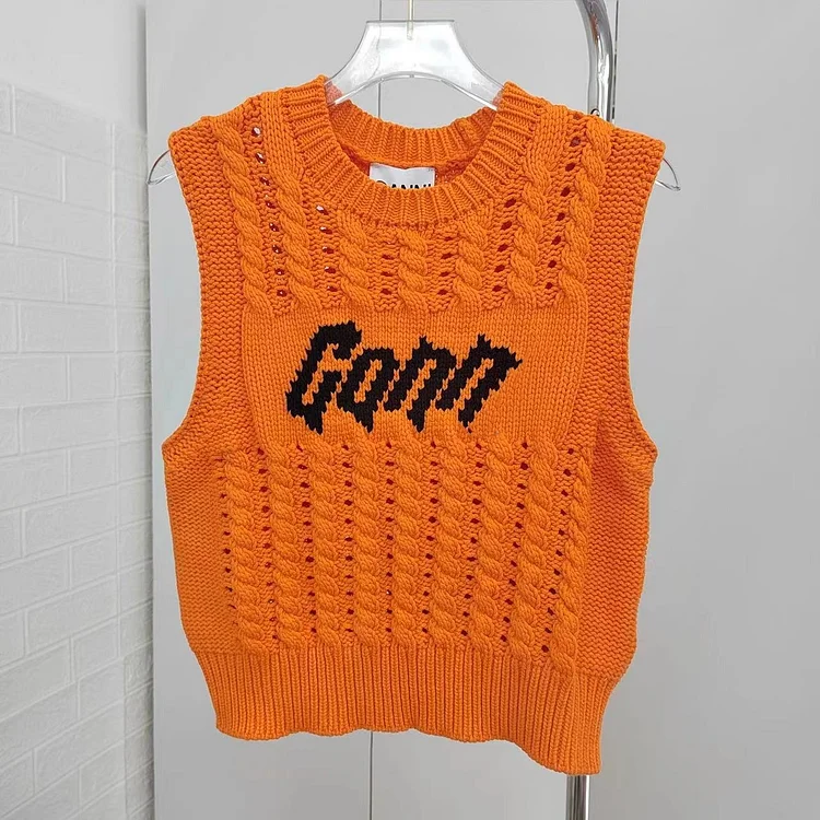  Letter Jacquard Bright Hollow Short Sleeveless Knit Vest