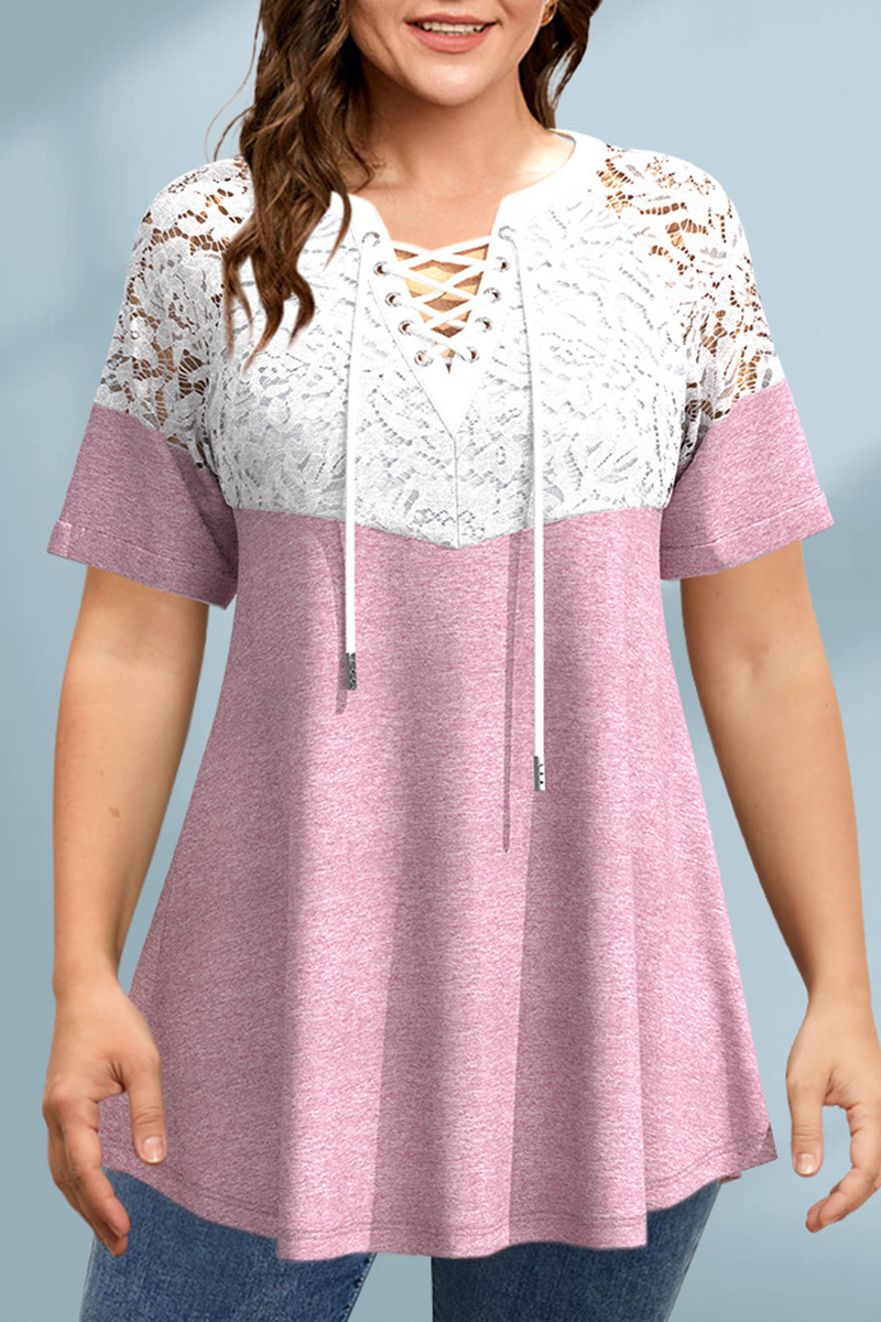 Flycurvy Plus Size Casual Pink Cross Strap Lace Stitching Blouse