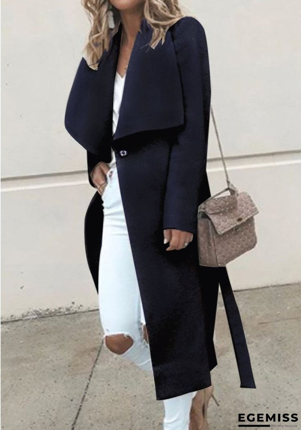 Fold-Over Collar Belt Plain Long Sleeve Coats | EGEMISS
