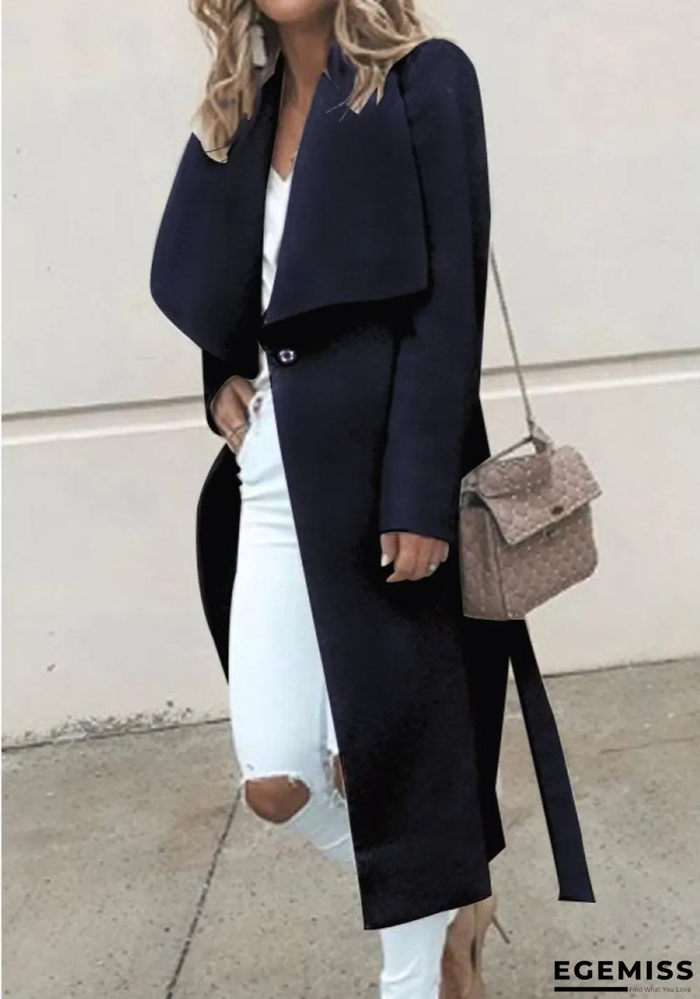 Fold-Over Collar Belt Plain Long Sleeve Coats | EGEMISS