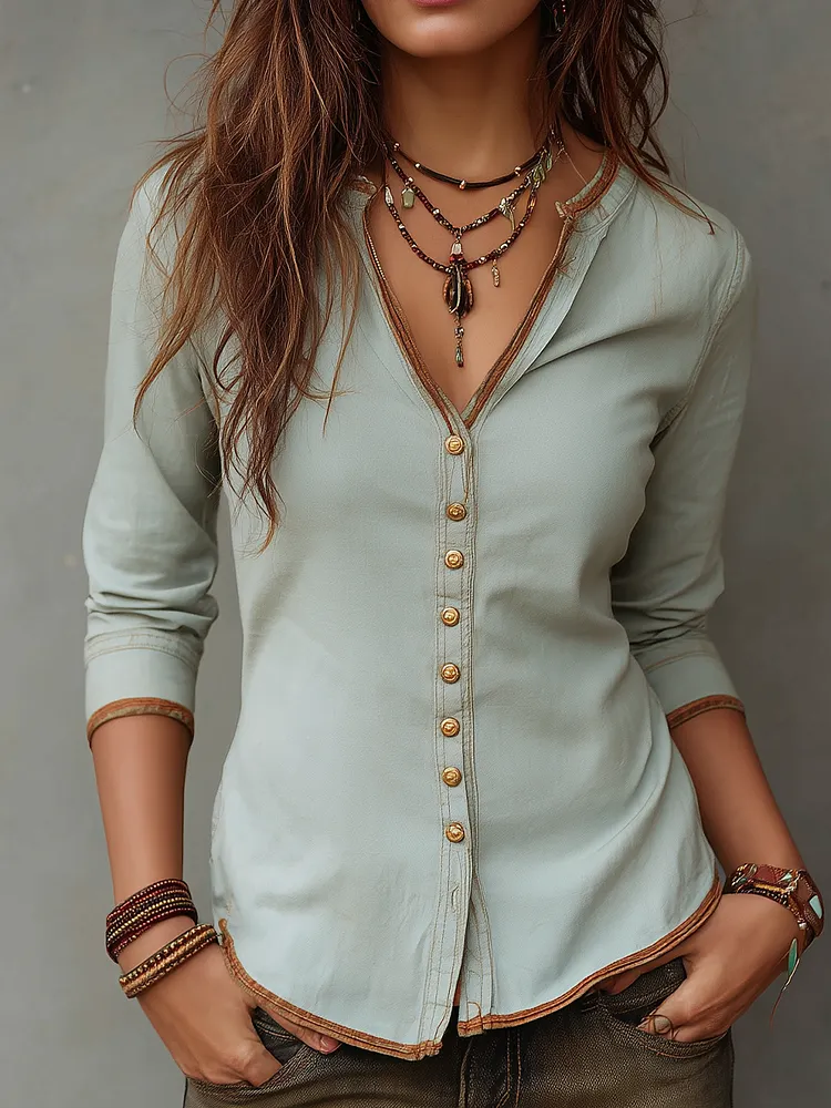Vintage Washed Henley Collar Denim Blouse