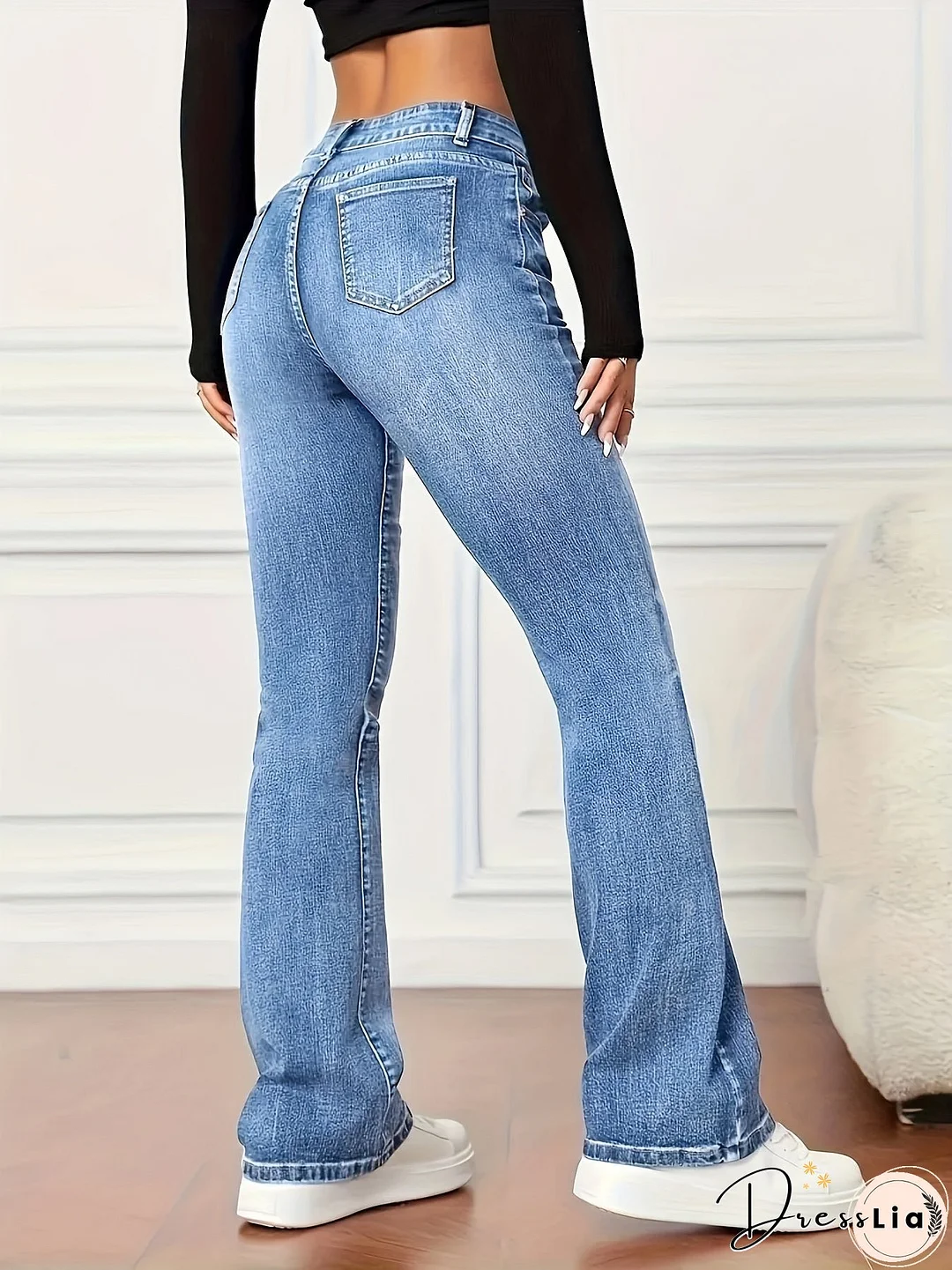 Washed Mid-Stretch Bootcut Jeans, Slant Pockets Versatile Denim Pants, Women's Denim Jeans & Clothing