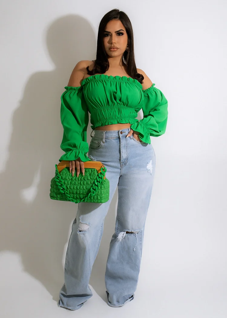 Bubble Longsleeves Off Shoulder Crop Top