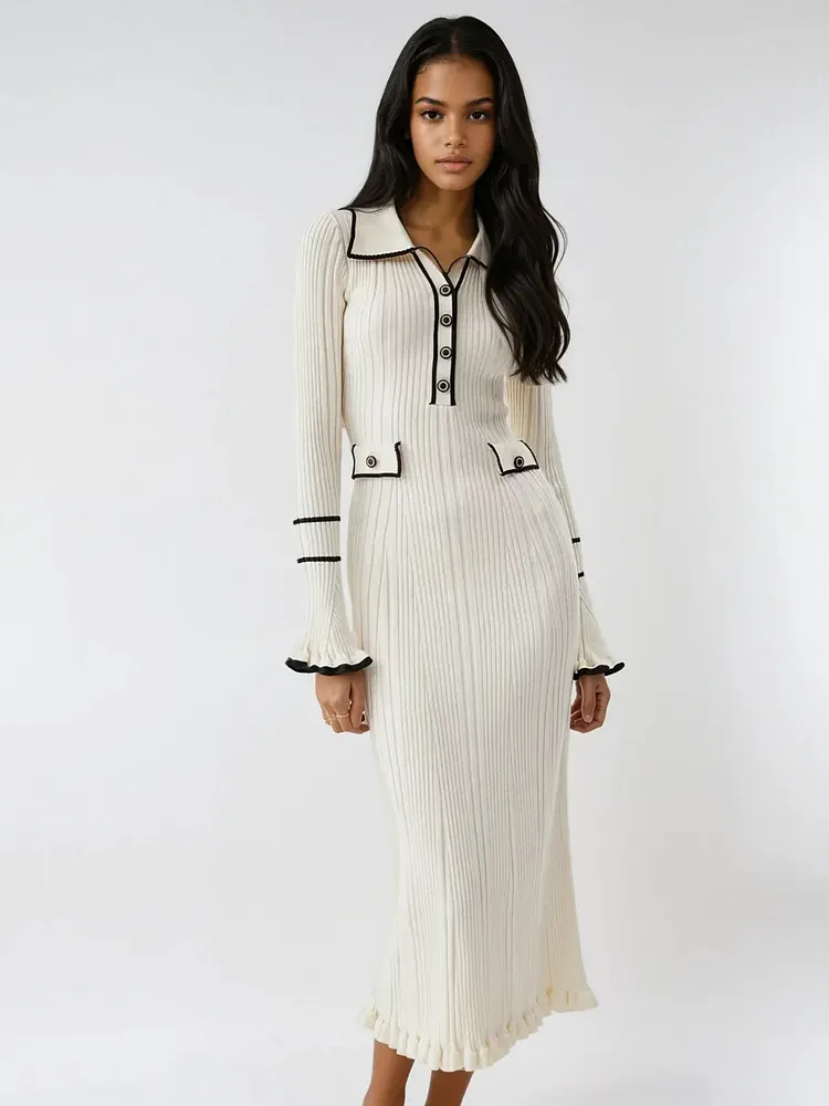 Oldmoney Style Contrast Ruffled Trim Midi Dress