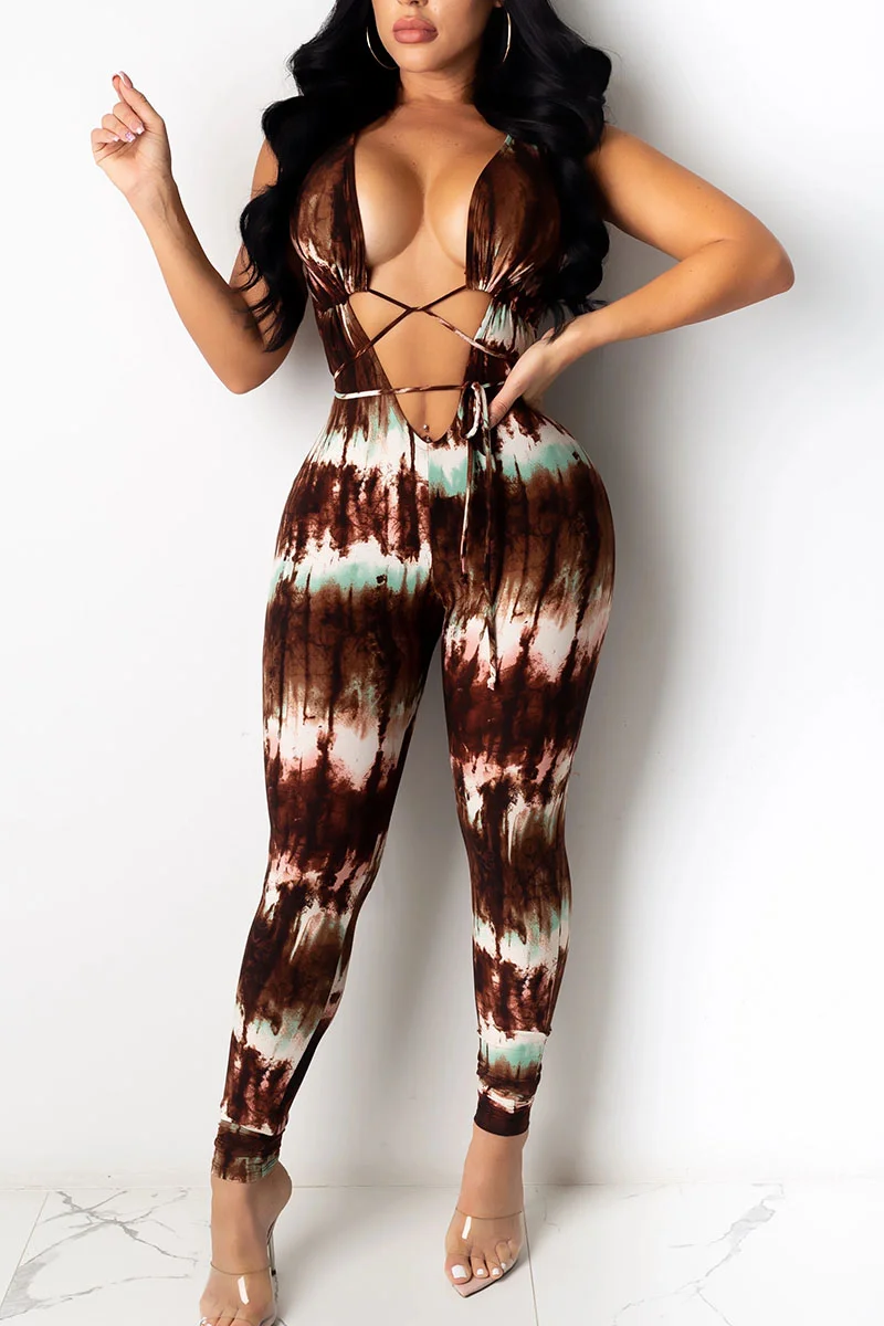 Brown Sexy Print Tie Dye Hollowed Out Split Joint Frenulum V Neck Skinny Jumpsuits