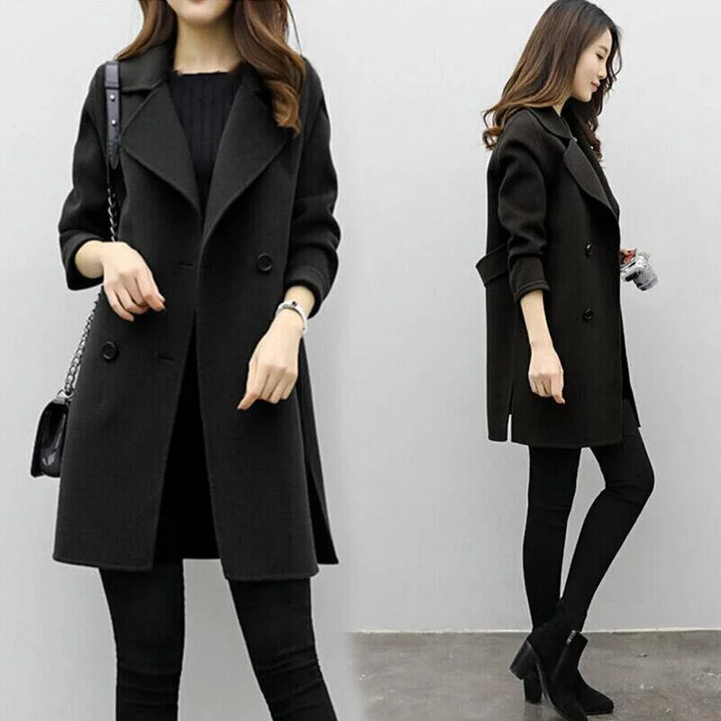 Women Wool Blend Warm Long Coat Plus Size Female Slim Fit Lapel Woolen Overcoat Autumn Winter Cashmere Outerwear