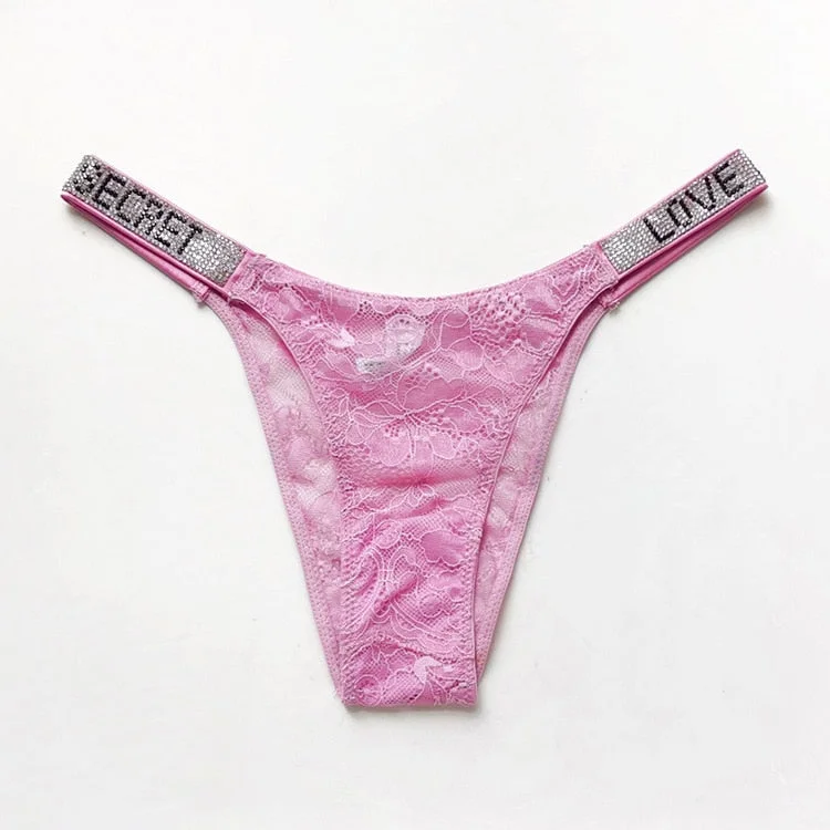 Sexy Lace Transparent Panties Women G String Love Secret Rhinestone Thong Lingerie Seamless Low Rise Intimates Underwear lenceri