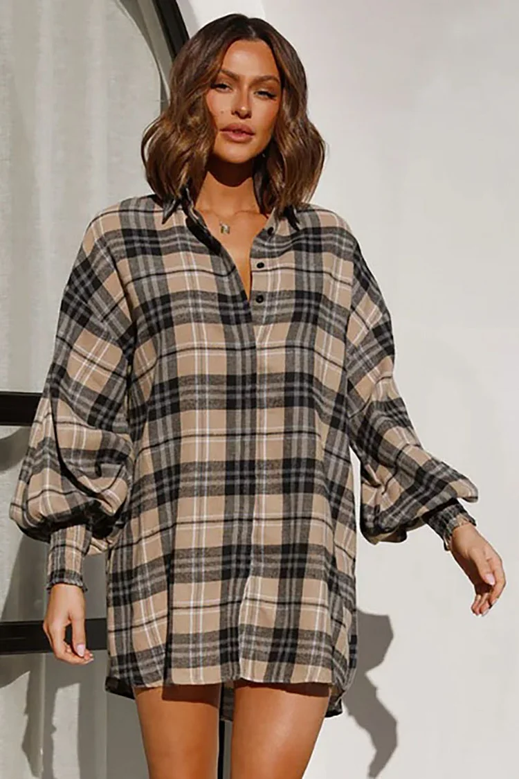 Plaid Button Up Turndown Collar Lantern Sleeve Casual Blouse