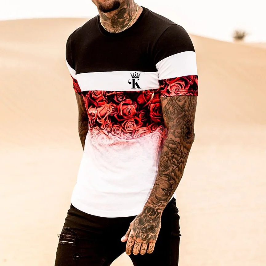 Poker rose flower block color short-sleeved T-shirt / [viawink] /
