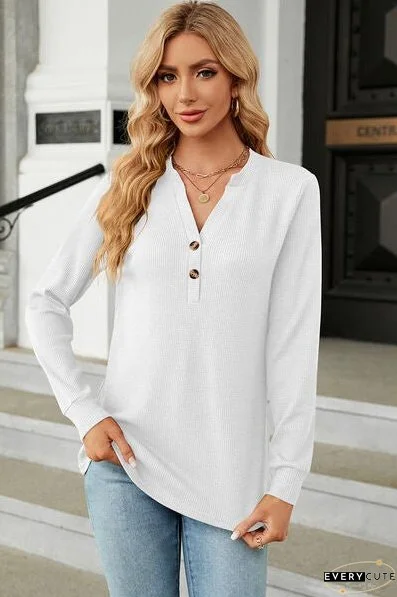 Waffle-Knit Notched Long Sleeve T-Shirt