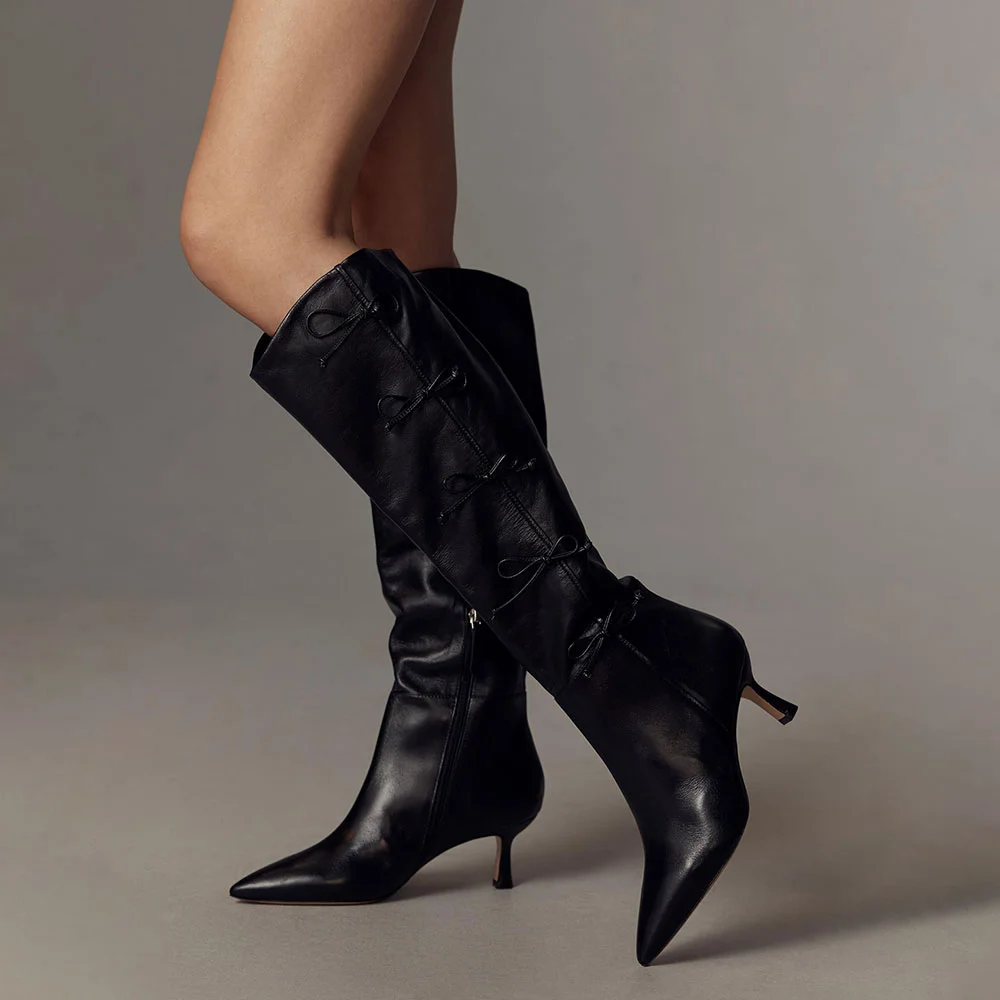 Black Pointed Toe Bow Decor Spool Heel Knee High Boots for Women