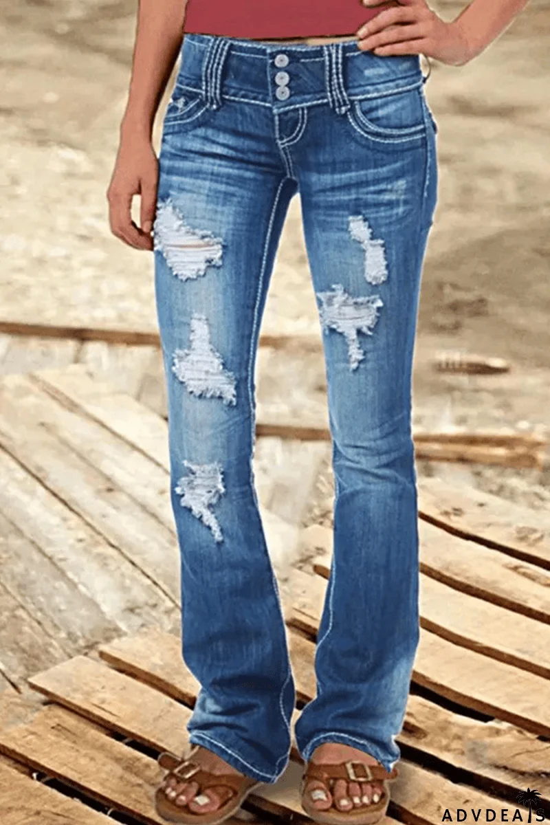 Street Patchwork Ripped High Waist Boot Cut Denim Jeans