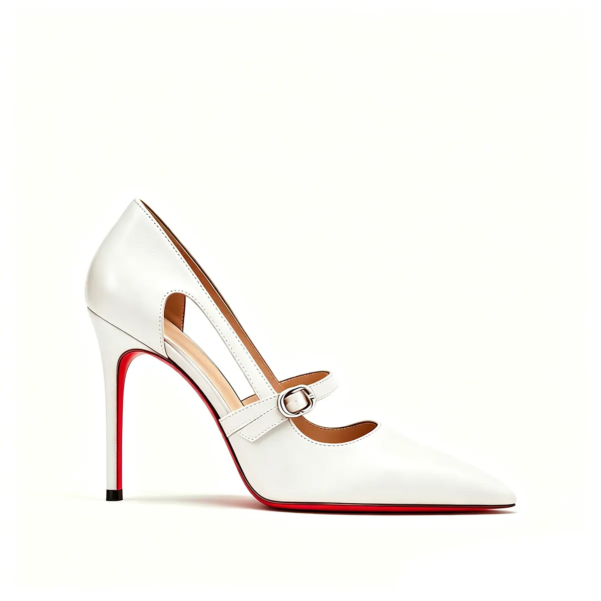 100mm Matte Side Cutout Mary Jane Red Bottom  Stiletto Heels Pointed Toe Buckle Strap Formal Dress Pumps for Wedding Party-MERUMOTE