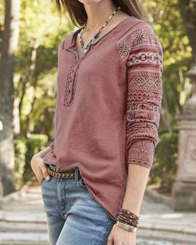 V Neck Vintage Panels Long Sleeve Top