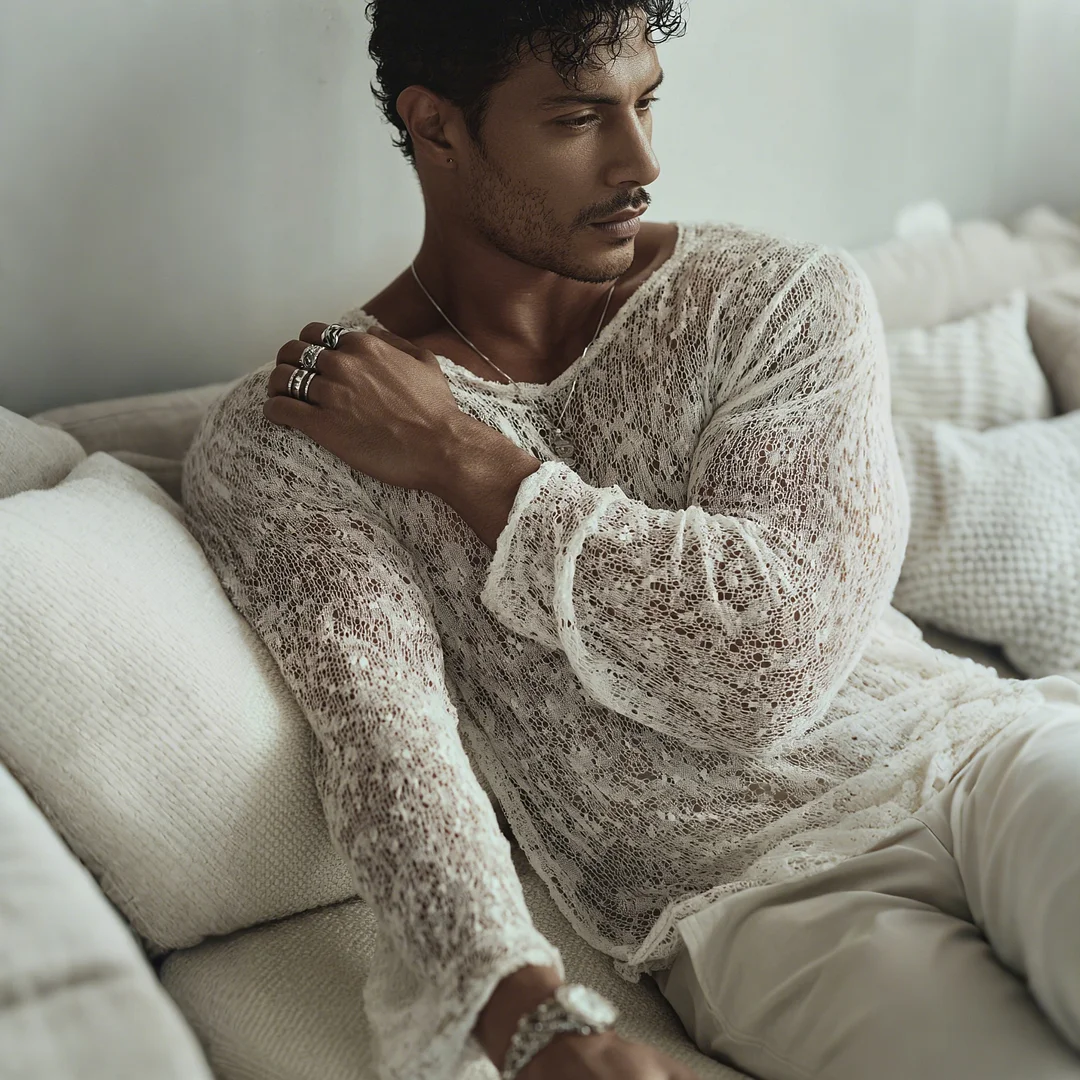 Men's Basic Everyday Casual Wear, Loose Fit, Comfortable Knitted Sheer Long-sleeved Top-inspireuse