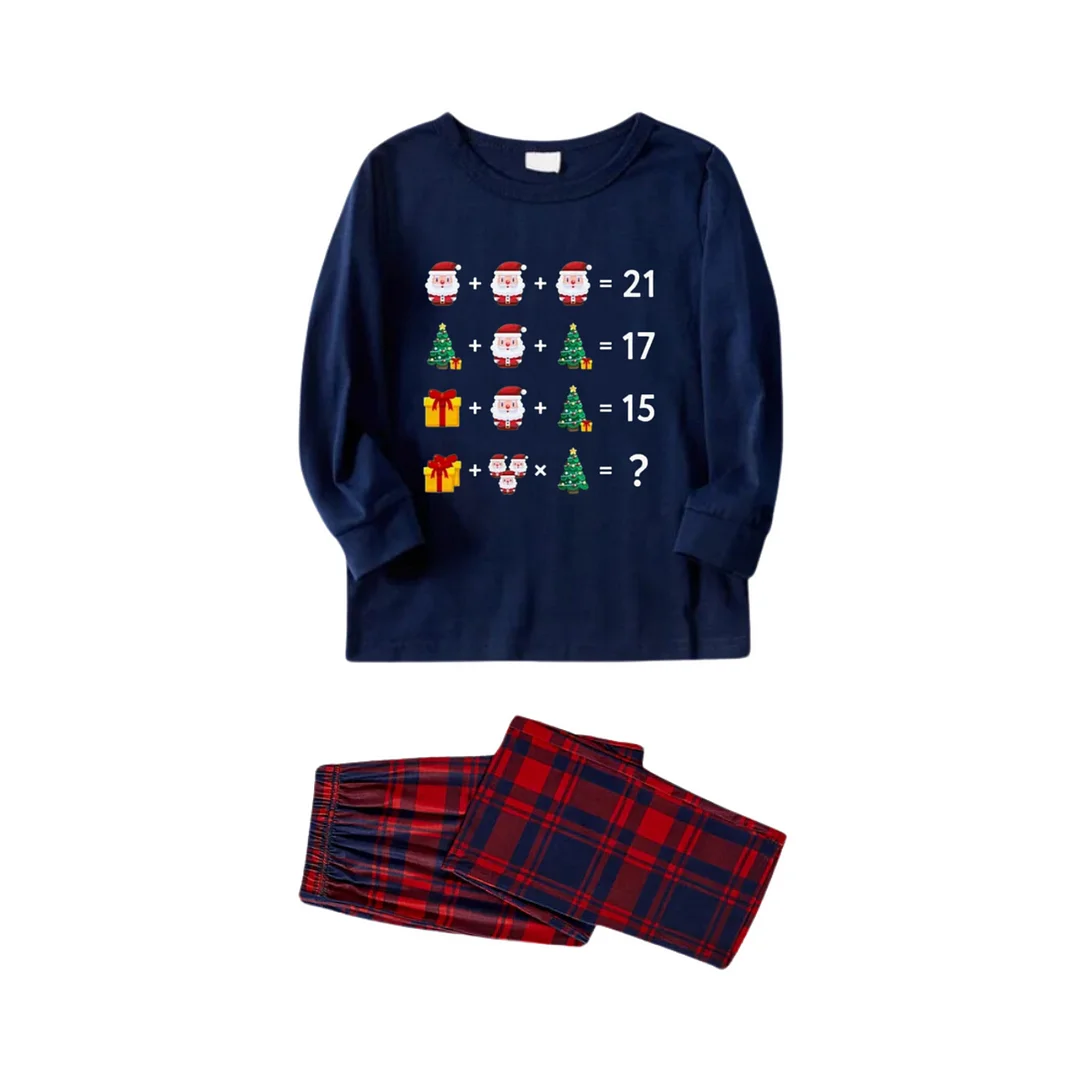 Christmas Tree and Santa Claus Prints Blue Long Sleeves Top with Red & Blue Plaid Pants Family Matching Pajamas