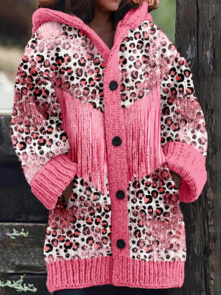 VChics Western Leopard Tassels Cozy Hooded Cardigan