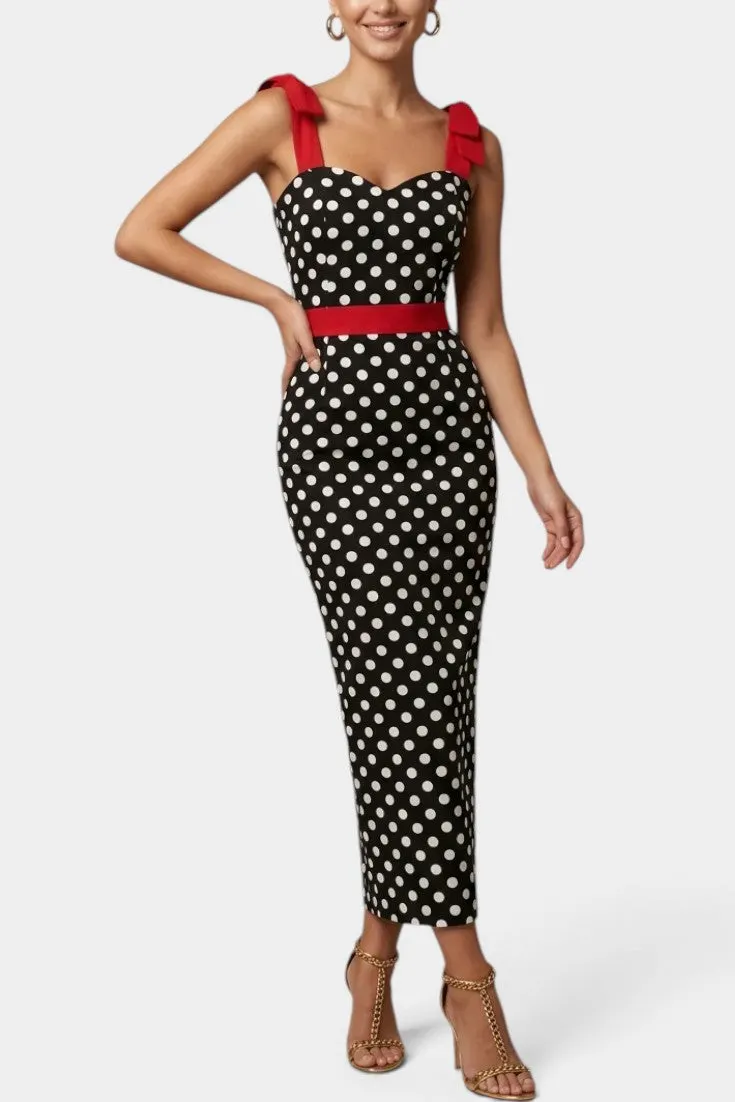 Polka-Dot Dress with Bow Shoulders and Waistband