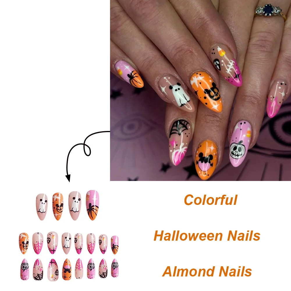 Churchf Churchf Almond Nail Colorful Skull Pumpkin Ghost Halloween Element Fake Nails Finished Wear Armour Festival Beauty