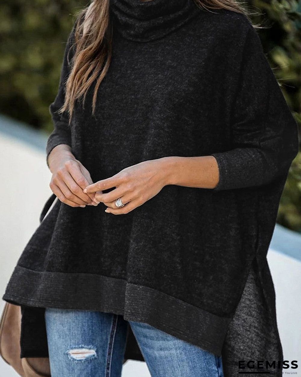 Batwing Sleeve High Low Split Hem Turtleneck Sweater | EGEMISS