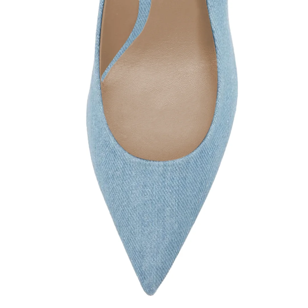 Light Blue Denim Pointed Toe Slingback Pumps with Decorative Heel