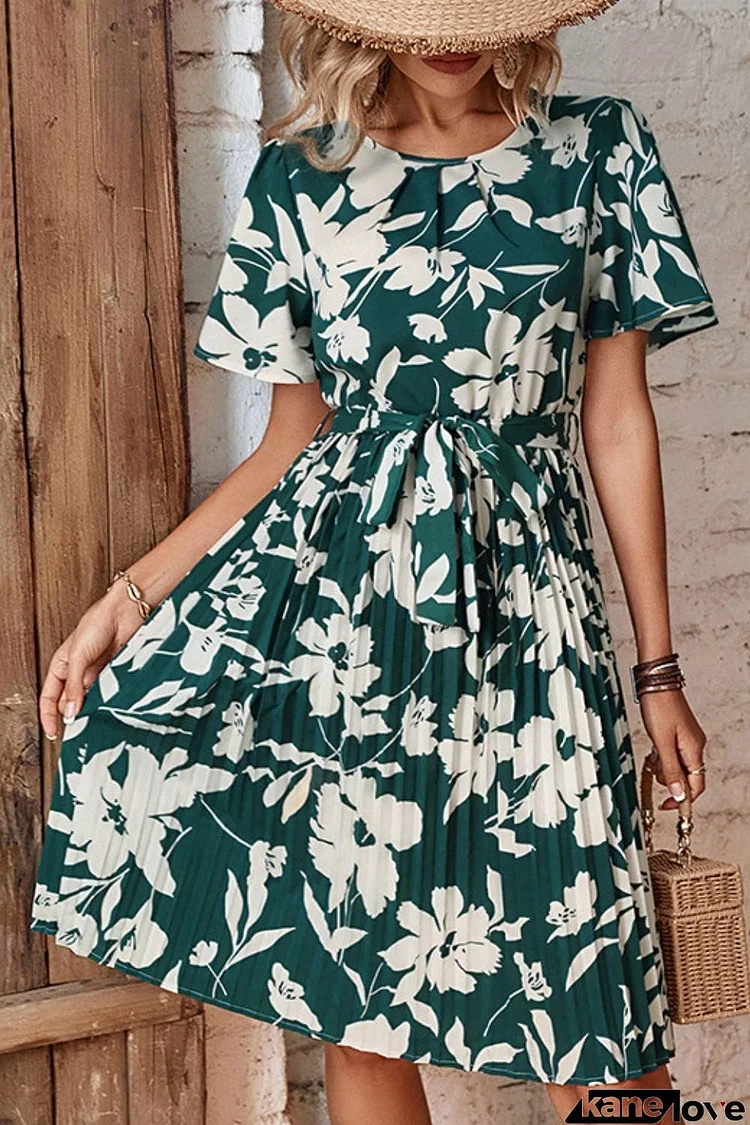 Floral Round Neck Tie Belt Pleated Dress