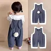Baby Easter Outfit Denim Overall Pants Bunny Ear Romper with Pom Pom Tail Jeans Jumpsuit Cute Rabbit Ear Overalls for Toddler Boy Girl