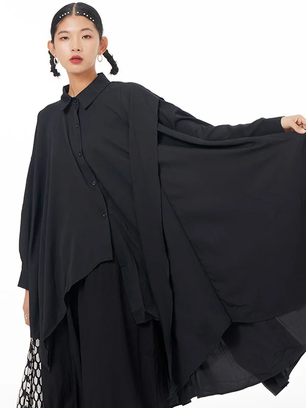 Original Loose High-Low Asymmetric Split-Joint Black Blouse