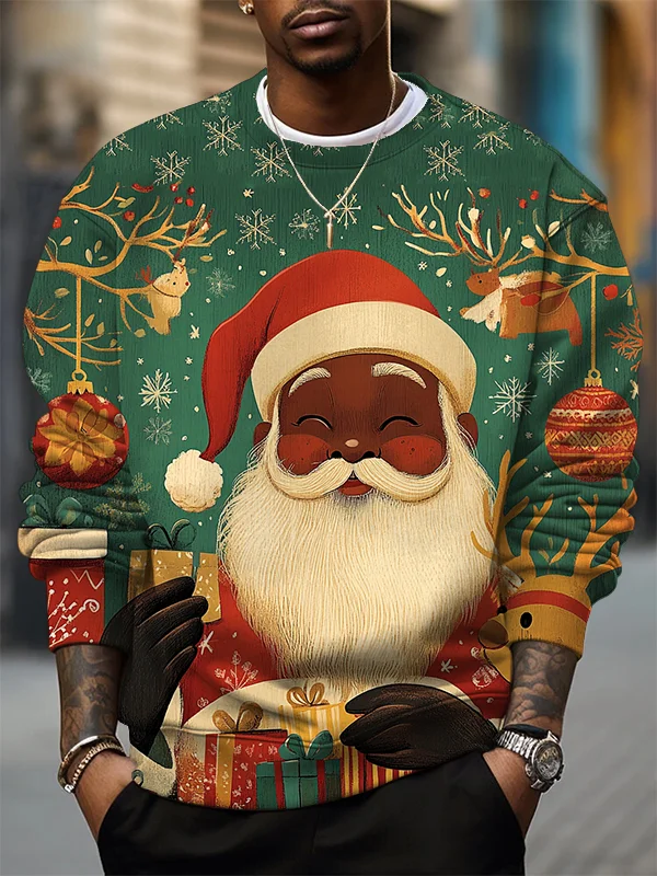 Men's Christmas Eve Black Santa Claus Cartoon Art Print Casual Sweatshirt