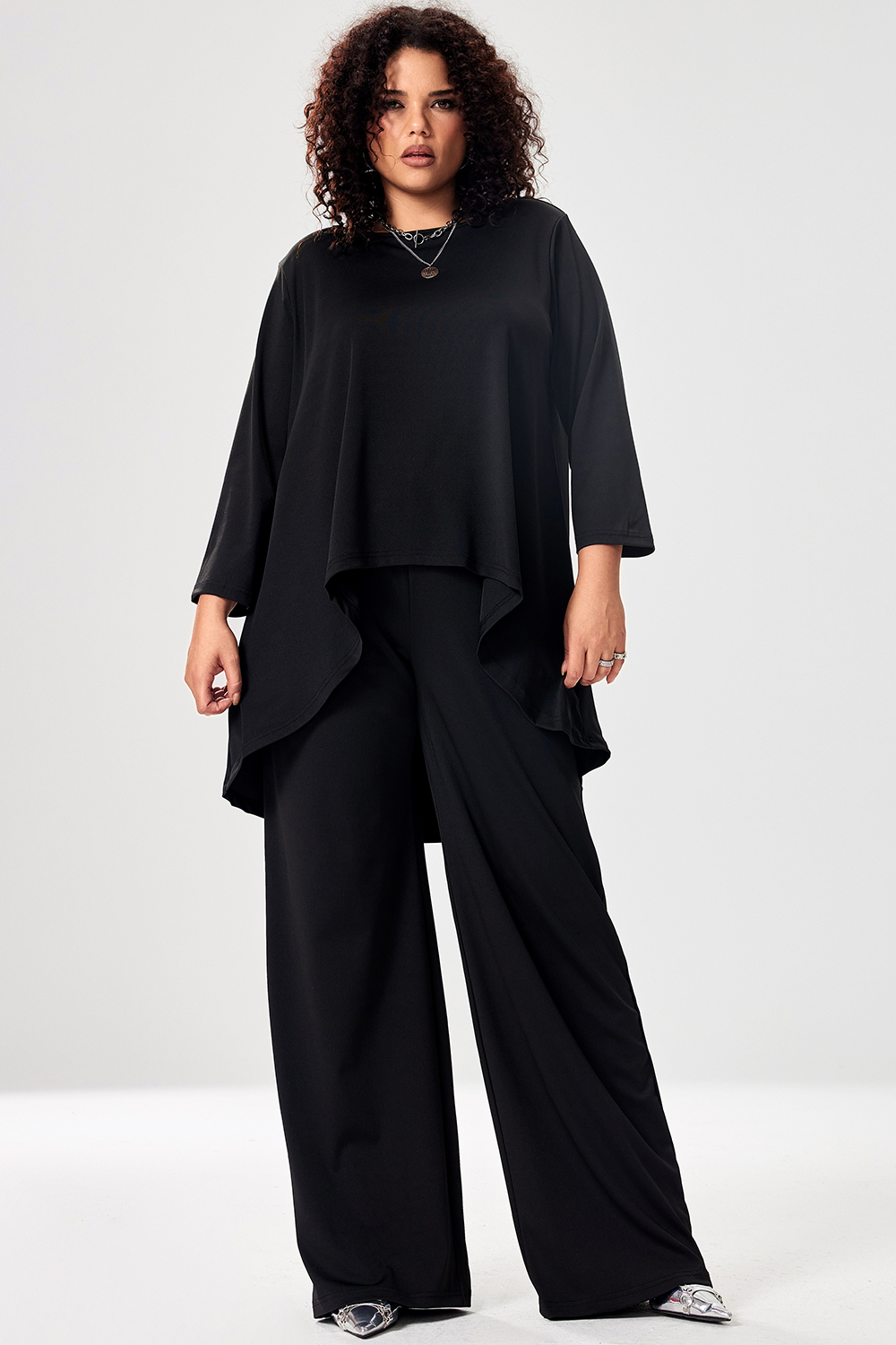 Design Plus Size Casual Pant Set Black Round Neck Short Sleeve Irregular Two Piece Pant Set