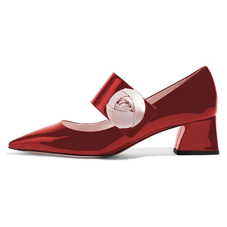 Red Mirror Leather Satin Flower Block Heels Pumps |FSJ Shoes