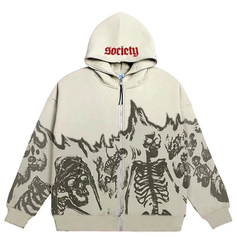 Wongn Emo Men Streetwear Vintage Skull Hoodie Zip Up Hoodies Grunge Oversized Sweatshirt Gothic Harajuku Alt Halloween Clothes